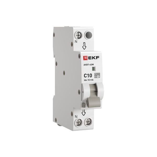 Автоматический выключатель дифференциального тока АВДТ-63М 1P+N 18мм 10А характеристика С 10мА тип AС электронный 6кА PROXIMA EKF