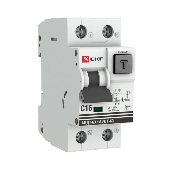 Автоматический выключатель дифференциального тока АВДТ-63 1P+N 16А характеристика C 100мА тип AС электромеханический 6кА EKF PROXIMA
