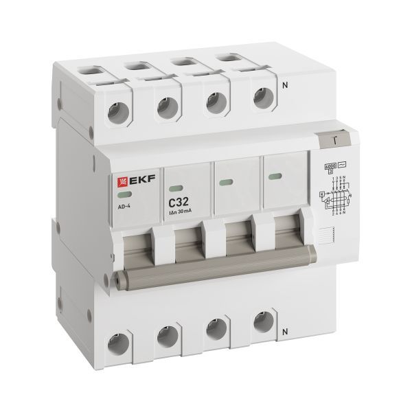 Автоматический выключатель дифференциального тока АД-4 4P 32А характеристика C 30мА тип АС электронный 6кА PROXIMA EKF