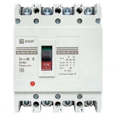 Выключатель автоматический в литом корпусе ВА-99М 100/80А 4P 5In 35кА с термомагнитным расцепителем EKF